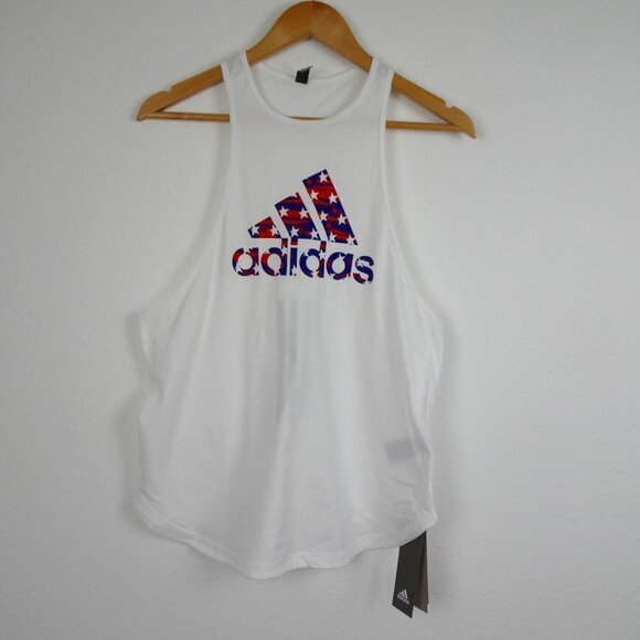 Adidas Tank Top Women's Medium White Work Out Exercise Loose Fit Flag American - Picture 1 of 7